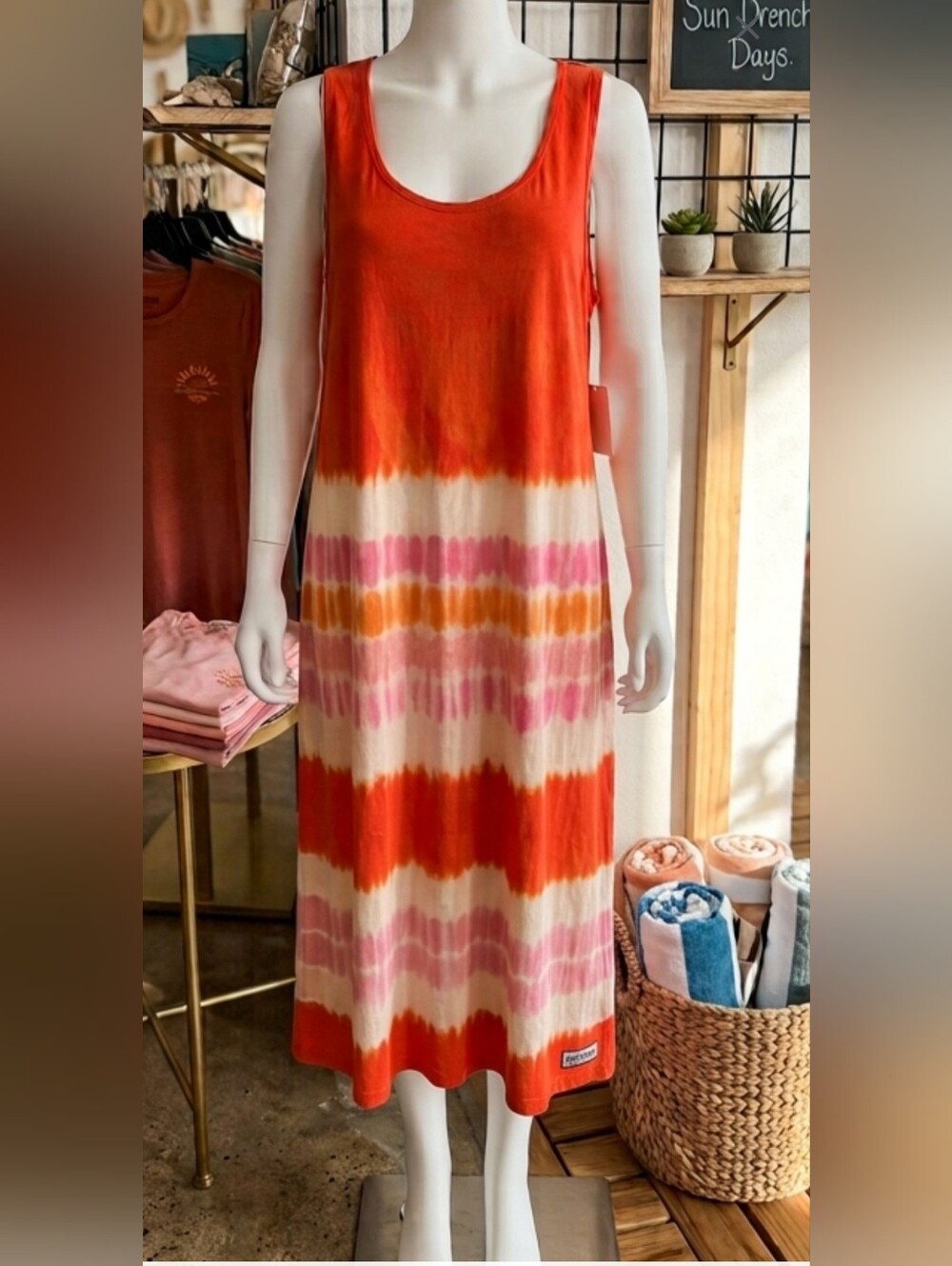 *Sleeveless Orange Tie-Dye Midi Dress — Casual Summer Staple Pit 25 Length 39"